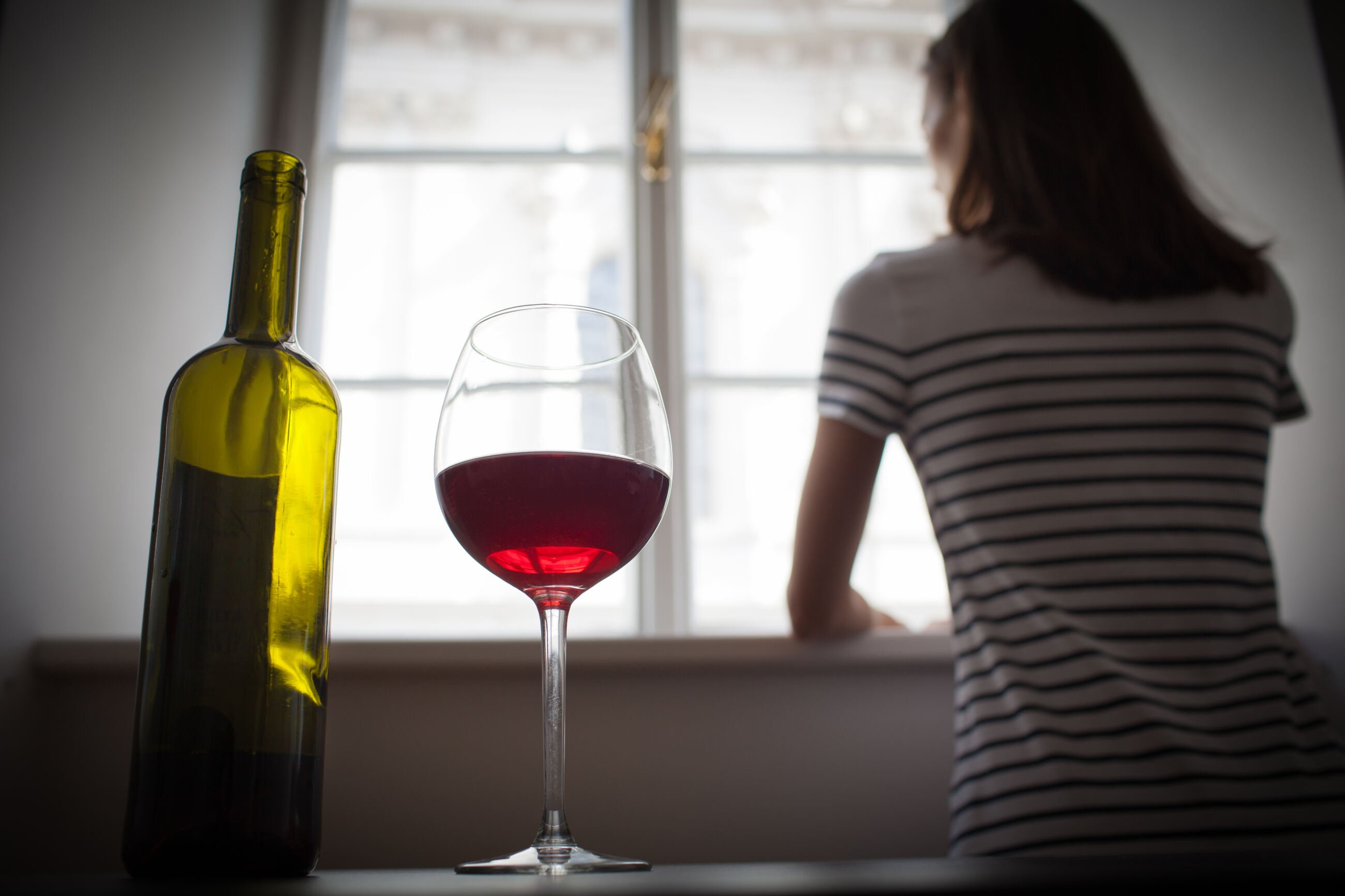 Woman,Drinking,Wine,Alcohol,Alone,Looking,Out,Her,Window.,Depression,